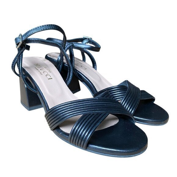 Sesto Meucci Afra - Black Leather Peep Toe Ankle Strap Sandal Block Heel - 8